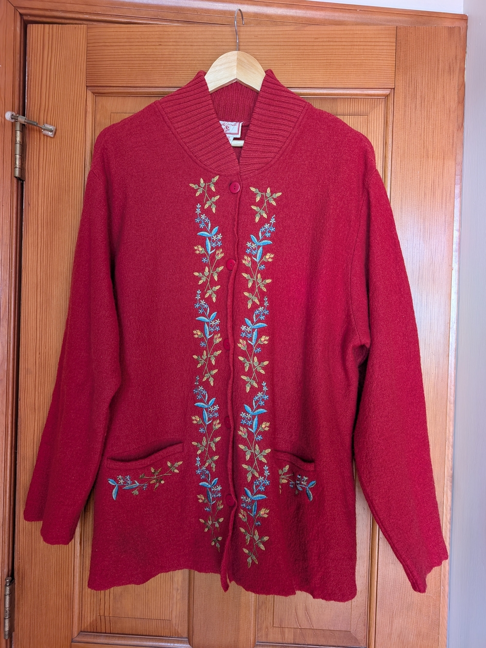 Vintage April Cornell 100% Wool Red Cardigan Jacket Embroidery